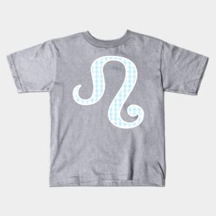 Leo Zodiac Horoscope Symbol in Pastel Blue and White Gingham Pattern Kids T-Shirt